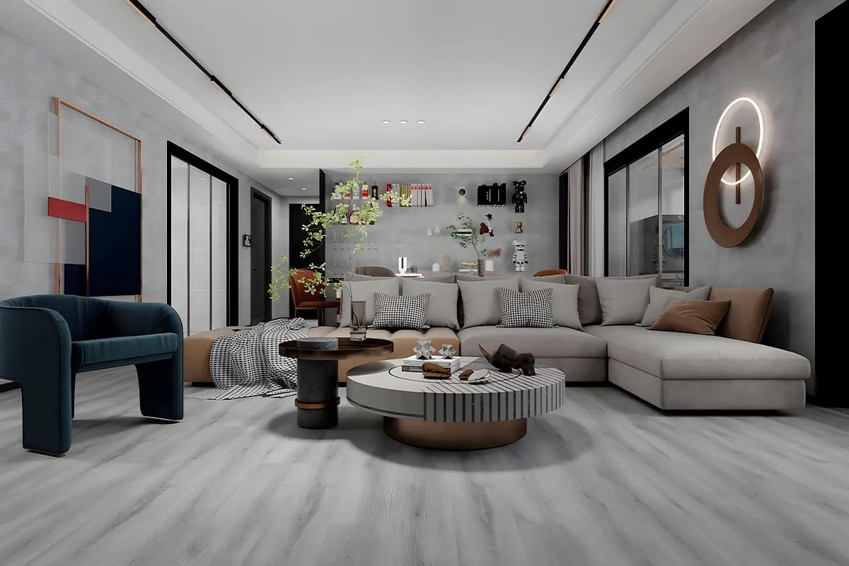 پارکت لمینت خاکستری روشن در نشیمن کوچک